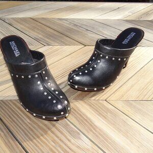 Vintage Michael Kors Sz 7 Black/Brown Leather Silver Studded Clogs w/ Heels